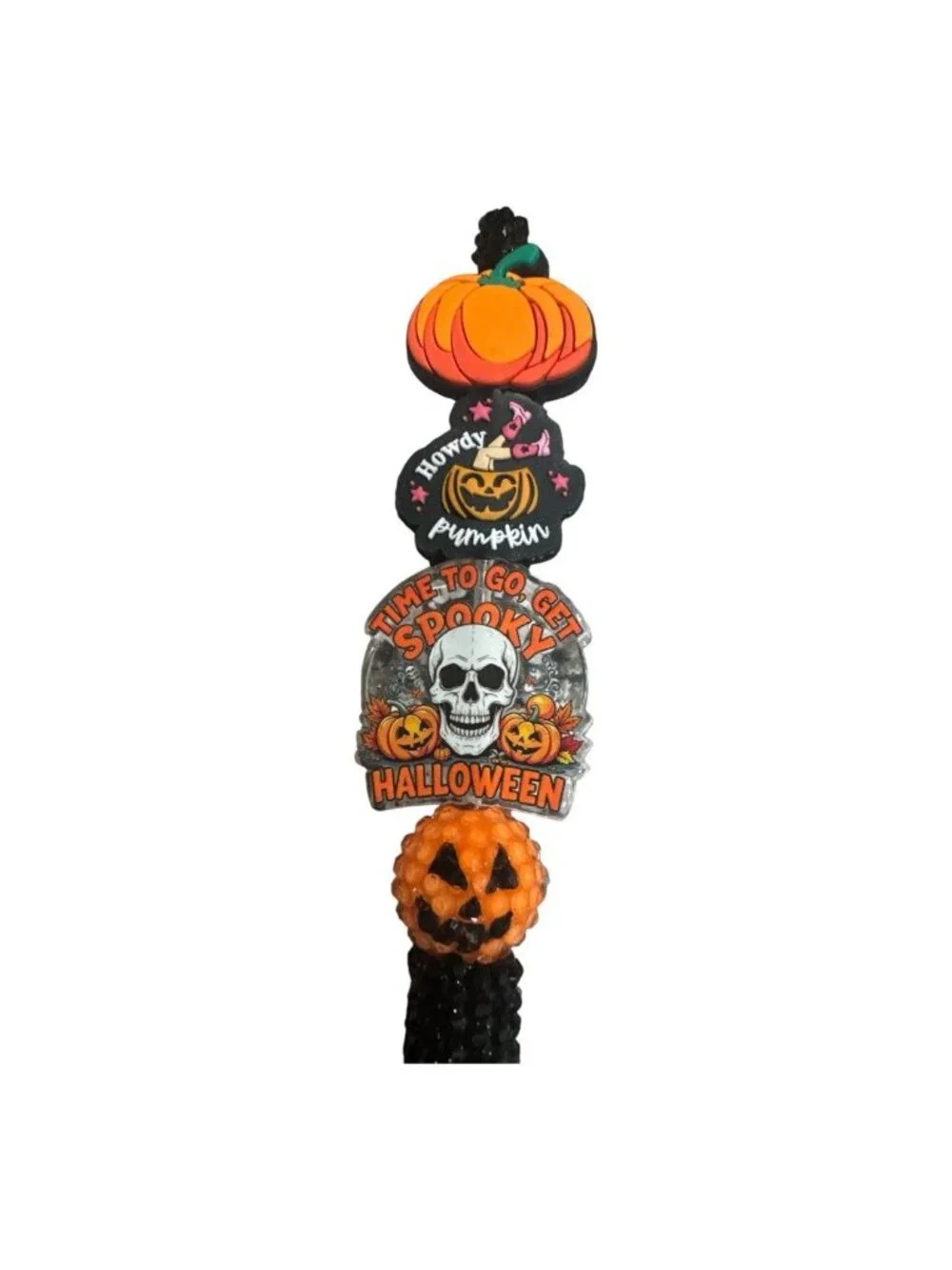 Halloween-Themed Decorative Pen With Pumpkin & Skull Toppers Black Beaded Grip F